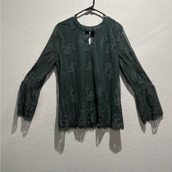 Ultra Pink Tops - Ultra Pink Dark Green Lace Blouse with Bell Sleeves‎